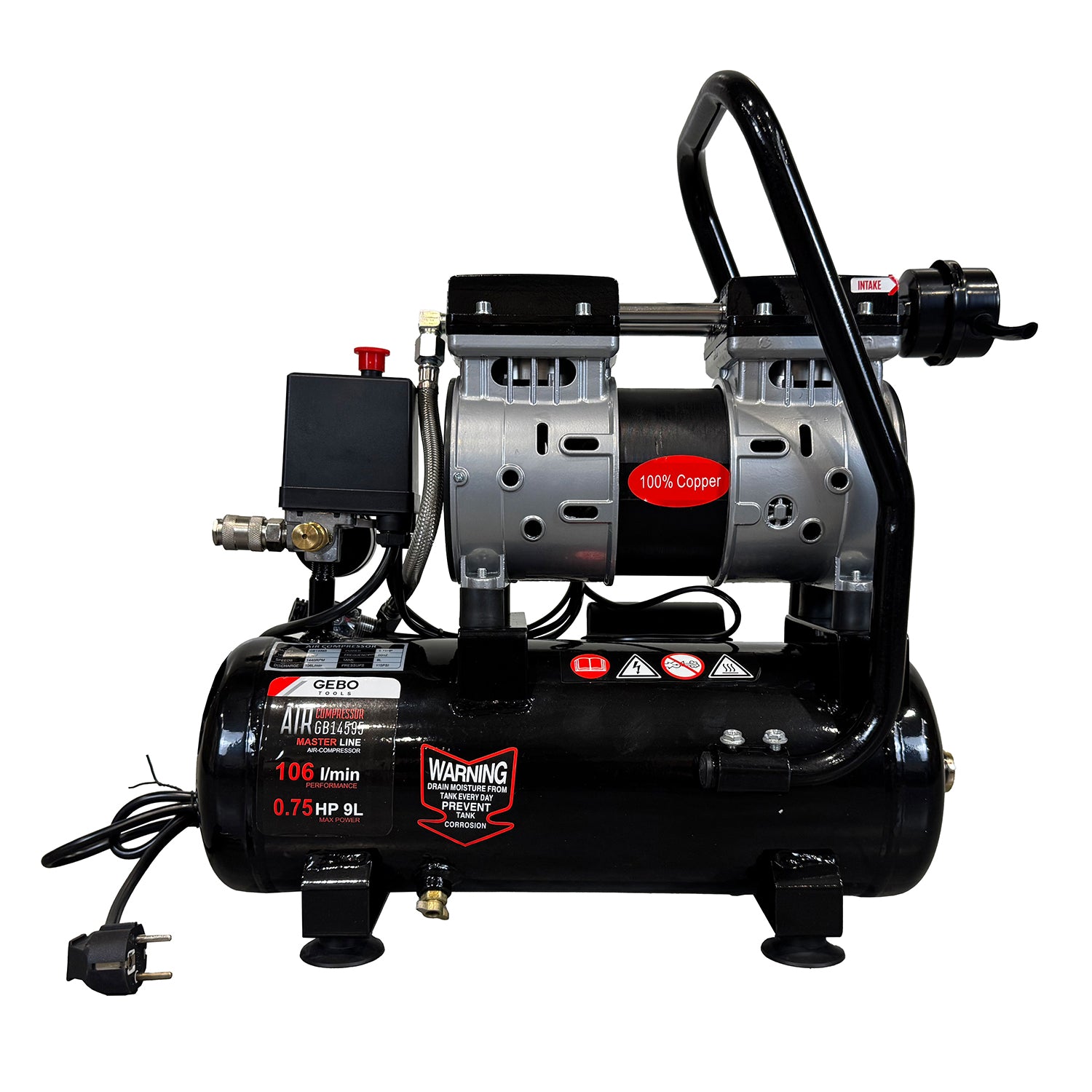 Безшумен компресор с намален шум без масло 9 л GEBO TOOLS