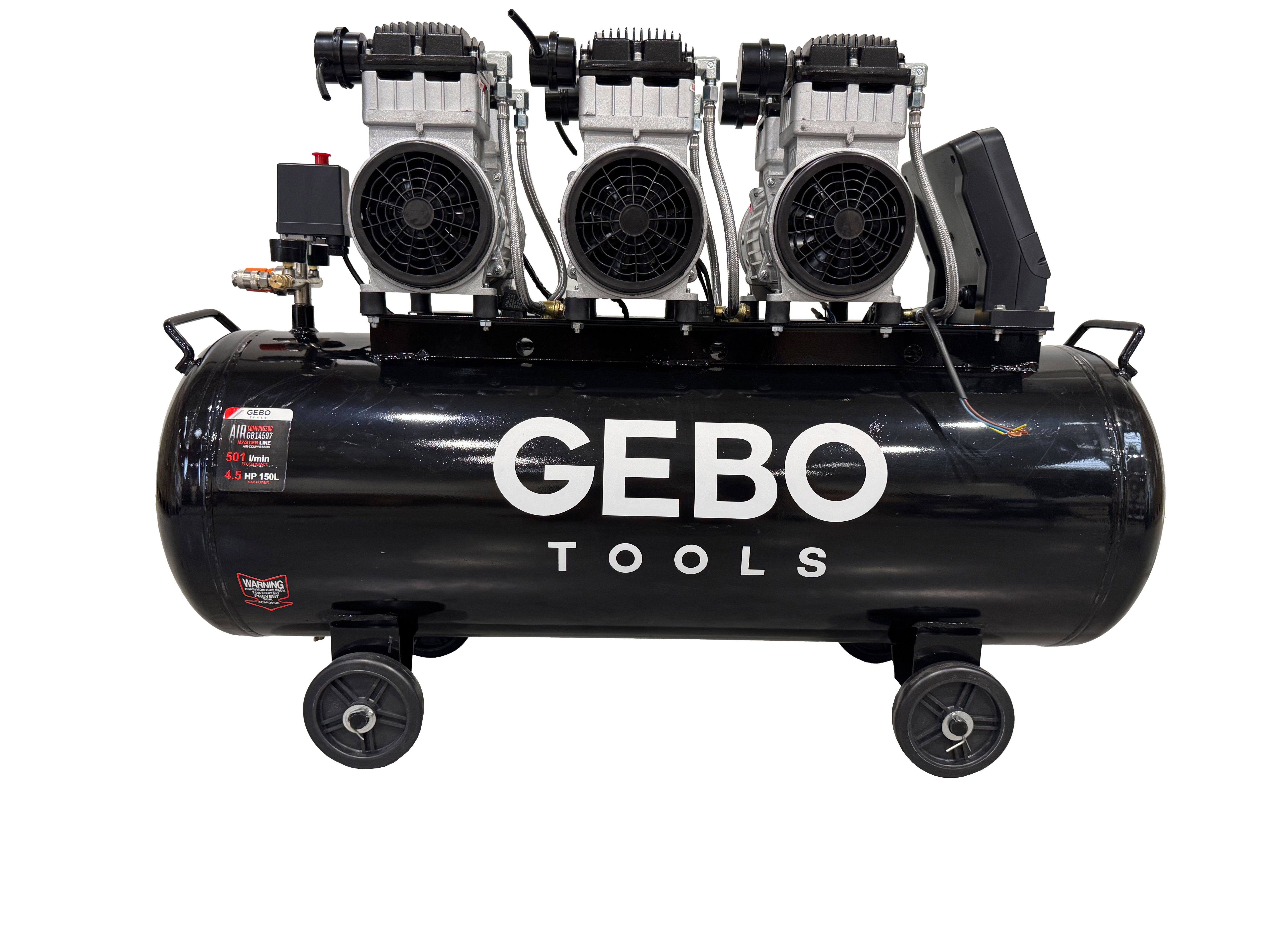 Безшумен компресор с намален шум и без масло 150 л GEBO TOOLS