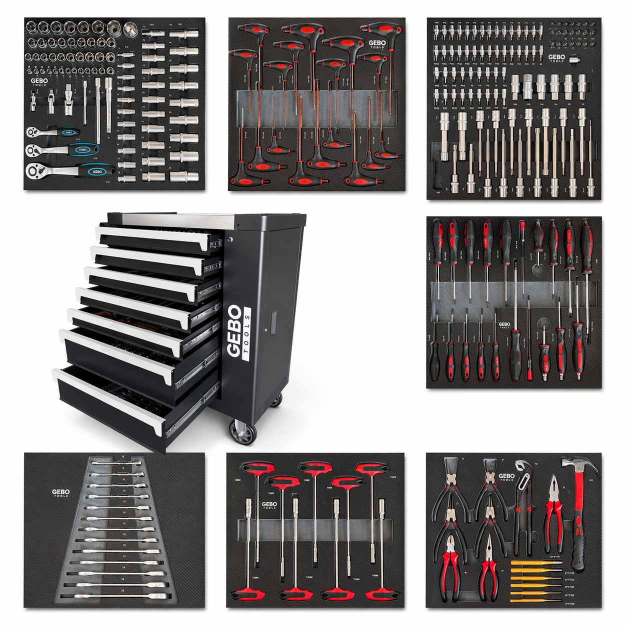Професионален шкаф с инструменти с 7 чекмеджета, 7 карбонови модула и 262 части GEBO TOOLS
