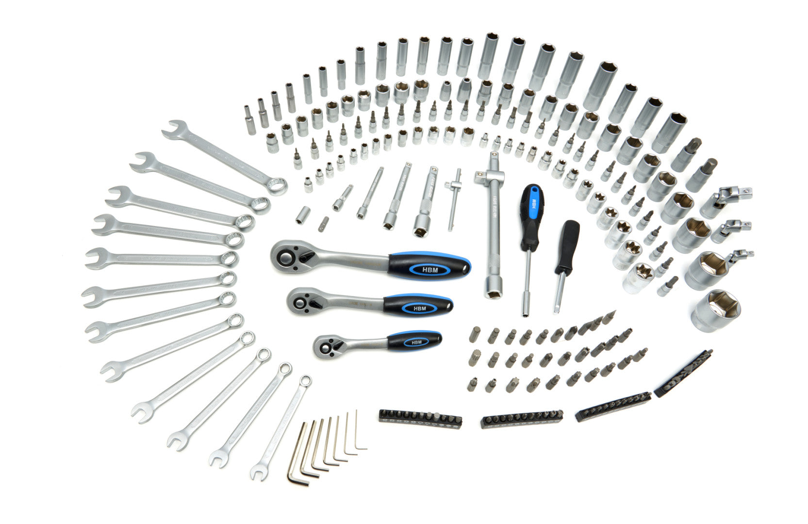 Комплект инструменти с вложки и тресчотки 1/2 3/8 1/4 216 части HBM