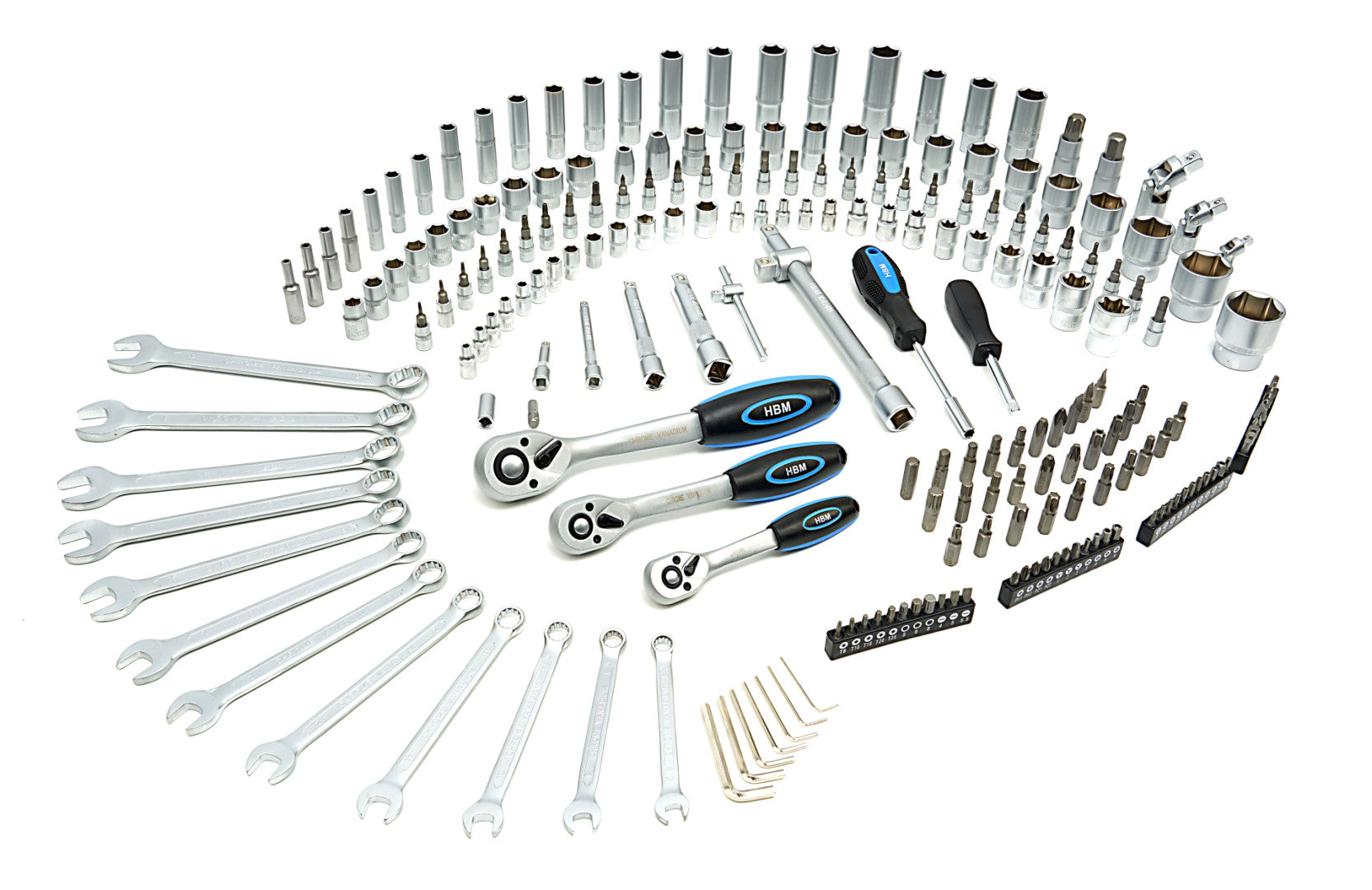 Комплект инструменти с вложки и тресчотки 1/2 3/8 1/4 216 части HBM