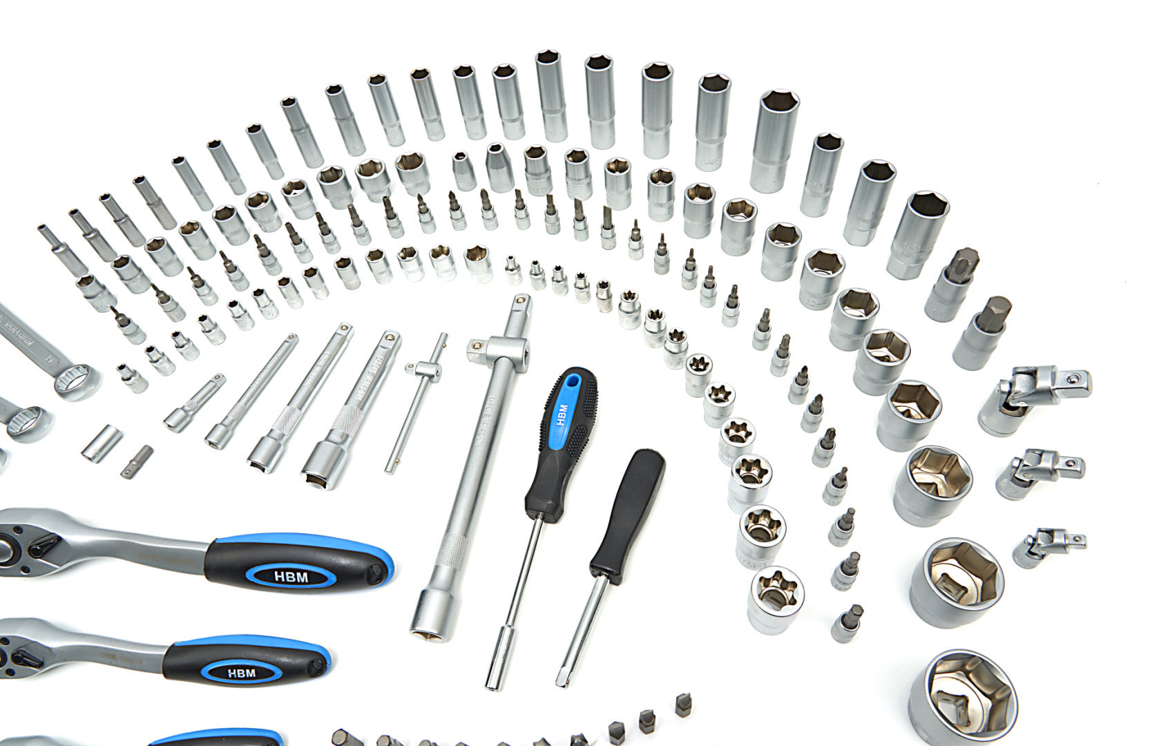 Комплект инструменти с вложки и тресчотки 1/2 3/8 1/4 216 части HBM