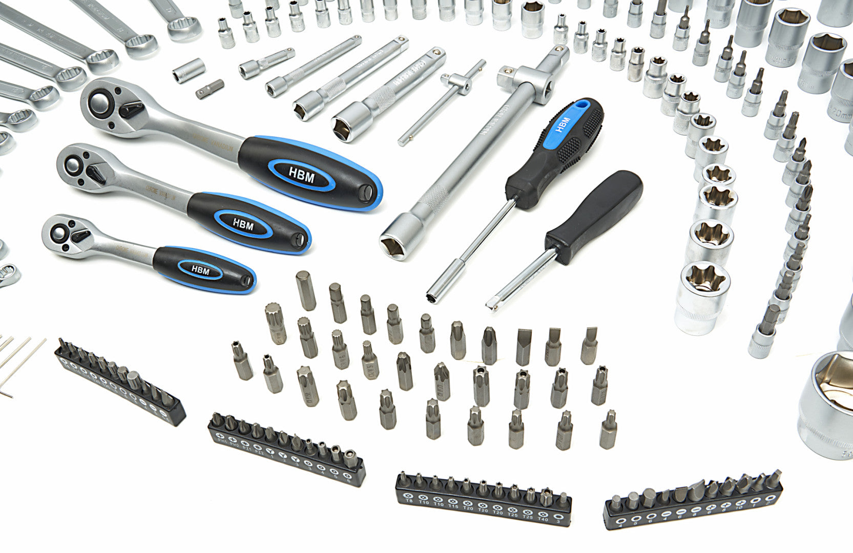 Комплект инструменти с вложки и тресчотки 1/2 3/8 1/4 216 части HBM
