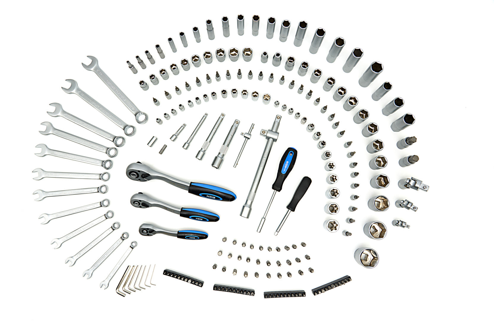 Комплект инструменти с вложки и тресчотки 1/2 3/8 1/4 216 части HBM