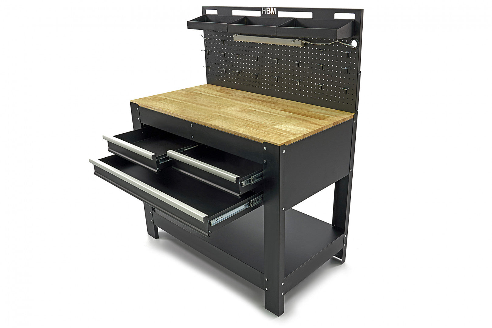 Работна маса с 3 чекмеджета, дървен работен плот, LED осветление, контакт 230V, USB, дължина 115 см