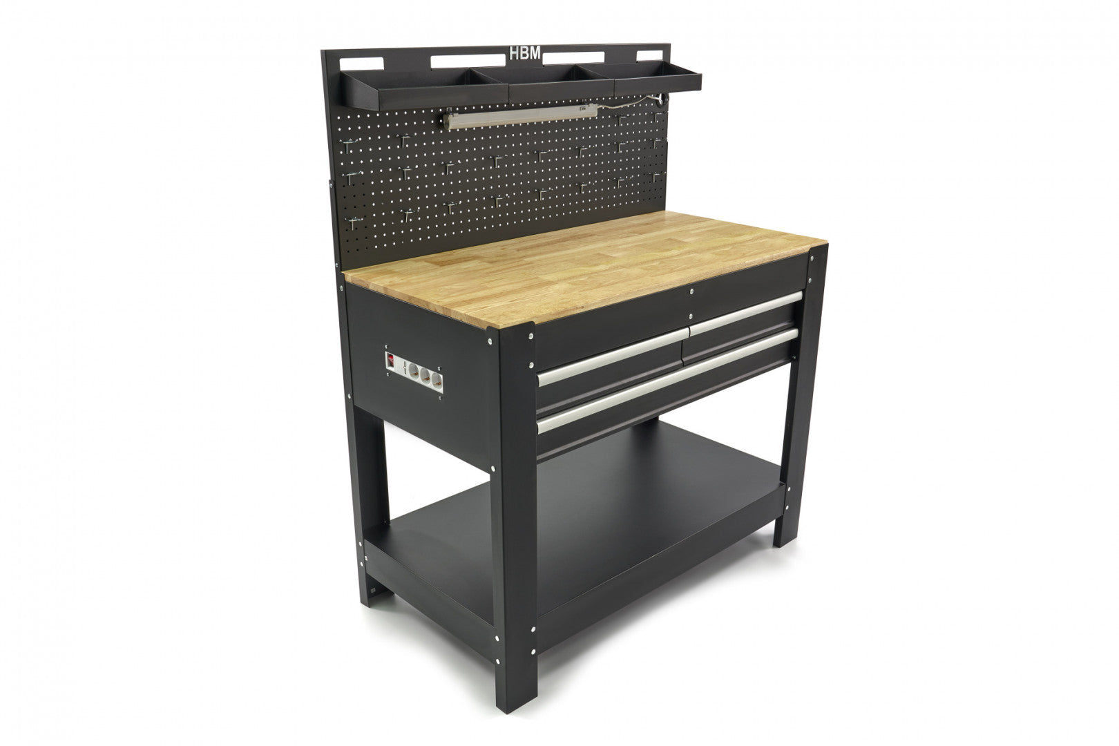 Работна маса с 3 чекмеджета, дървен работен плот, LED осветление, контакт 230V, USB, дължина 115 см