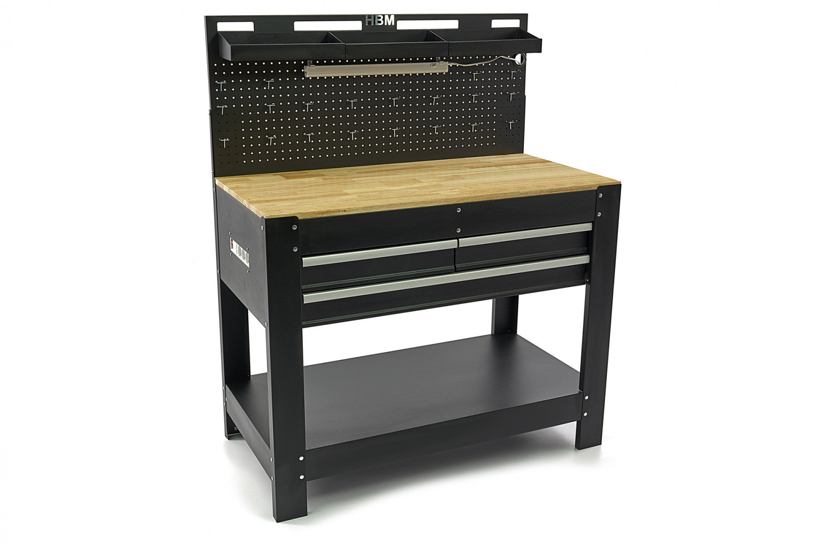 Работна маса с 3 чекмеджета, дървен работен плот, LED осветление, контакт 230V, USB, дължина 115 см