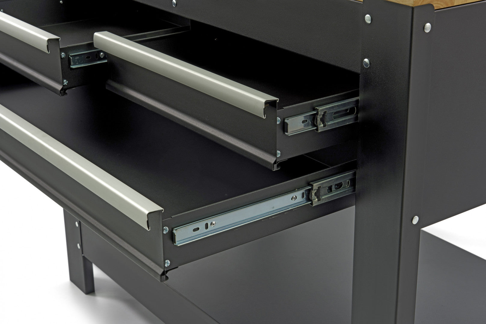 Работна маса с 3 чекмеджета, дървен работен плот, LED осветление, контакт 230V, USB, дължина 115 см