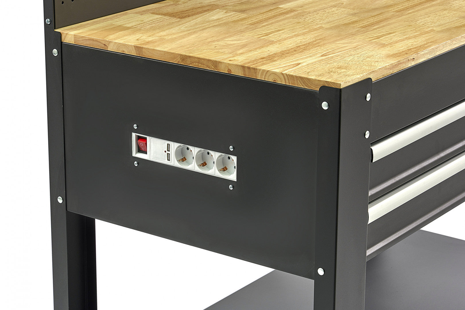 Работна маса с 3 чекмеджета, дървен работен плот, LED осветление, контакт 230V, USB, дължина 115 см