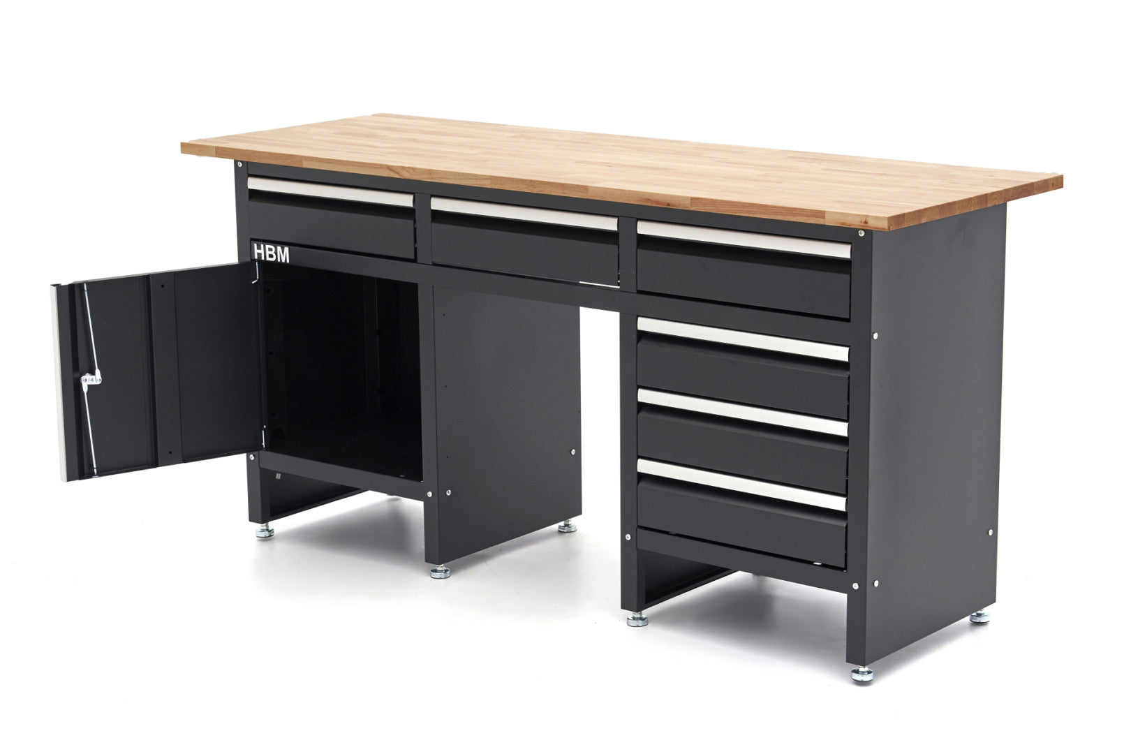 Черна работна маса с 6 чекмеджета, 1 врата и масивен дървен плот - 171 см HBM Machines Premium Холандия