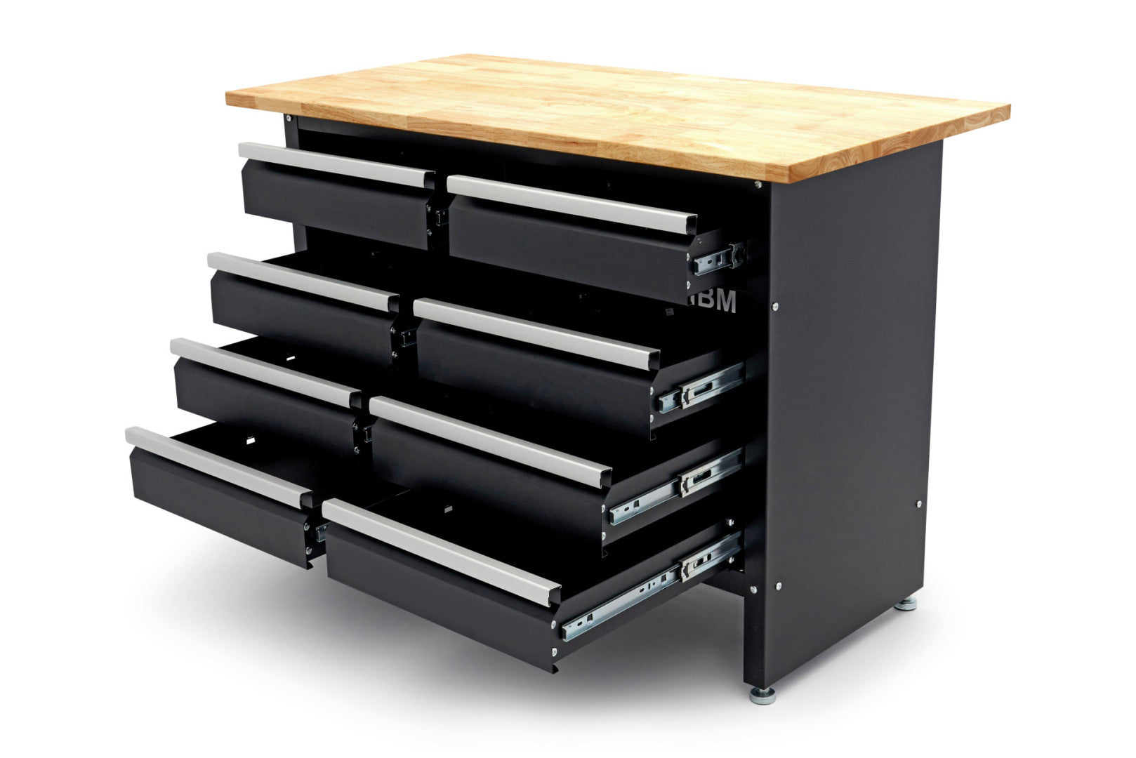 Метална работна маса 120 см с 8 чекмеджета и дървен плот