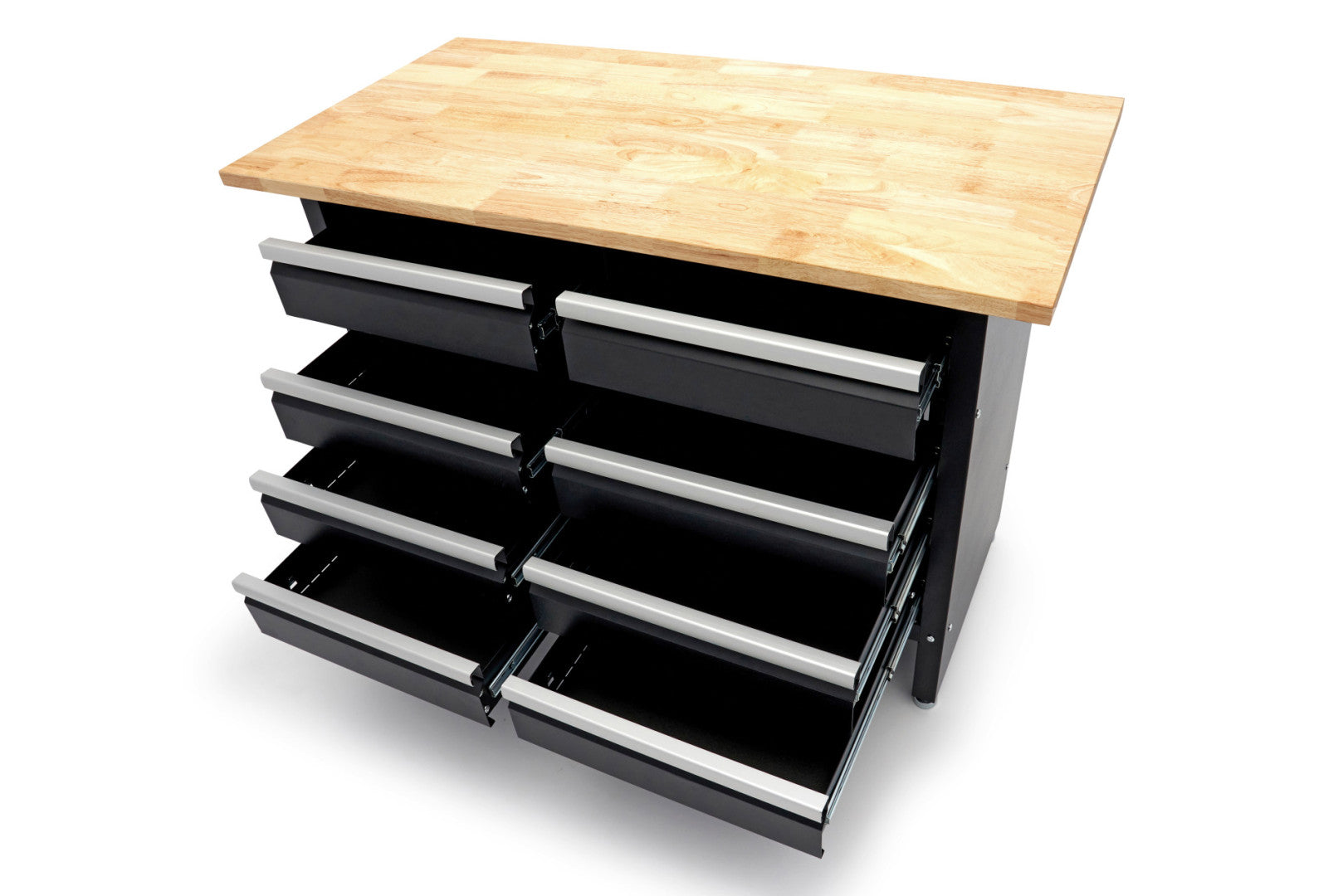 Метална работна маса 120 см с 8 чекмеджета и дървен плот