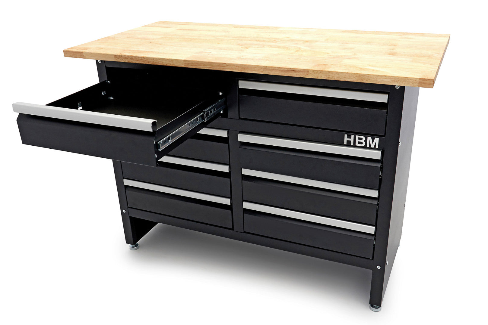 Метална работна маса 120 см с 8 чекмеджета и дървен плот