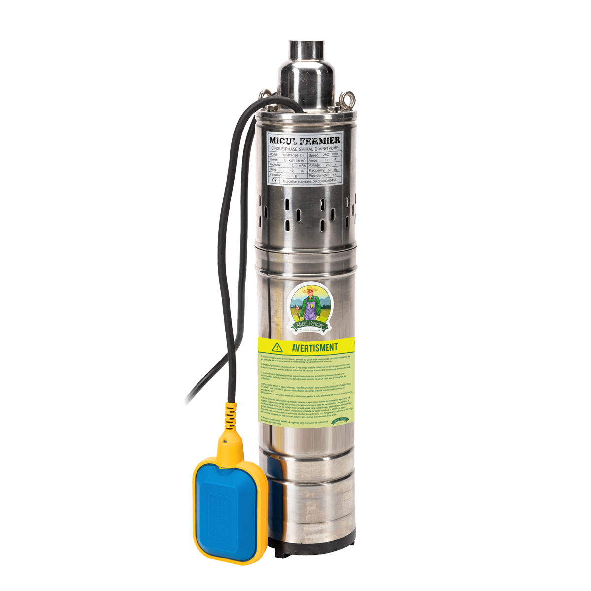 Потопяема помпа тип оръдие 1100W, дебит 1850л/час, с поплавък