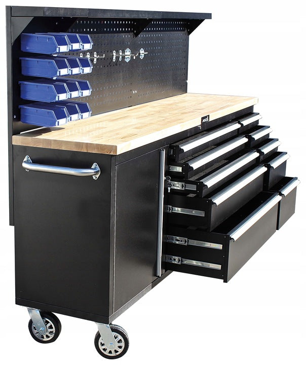 Професионална работна маса, 11 чекмеджета, с дървен плот и панел 214 см