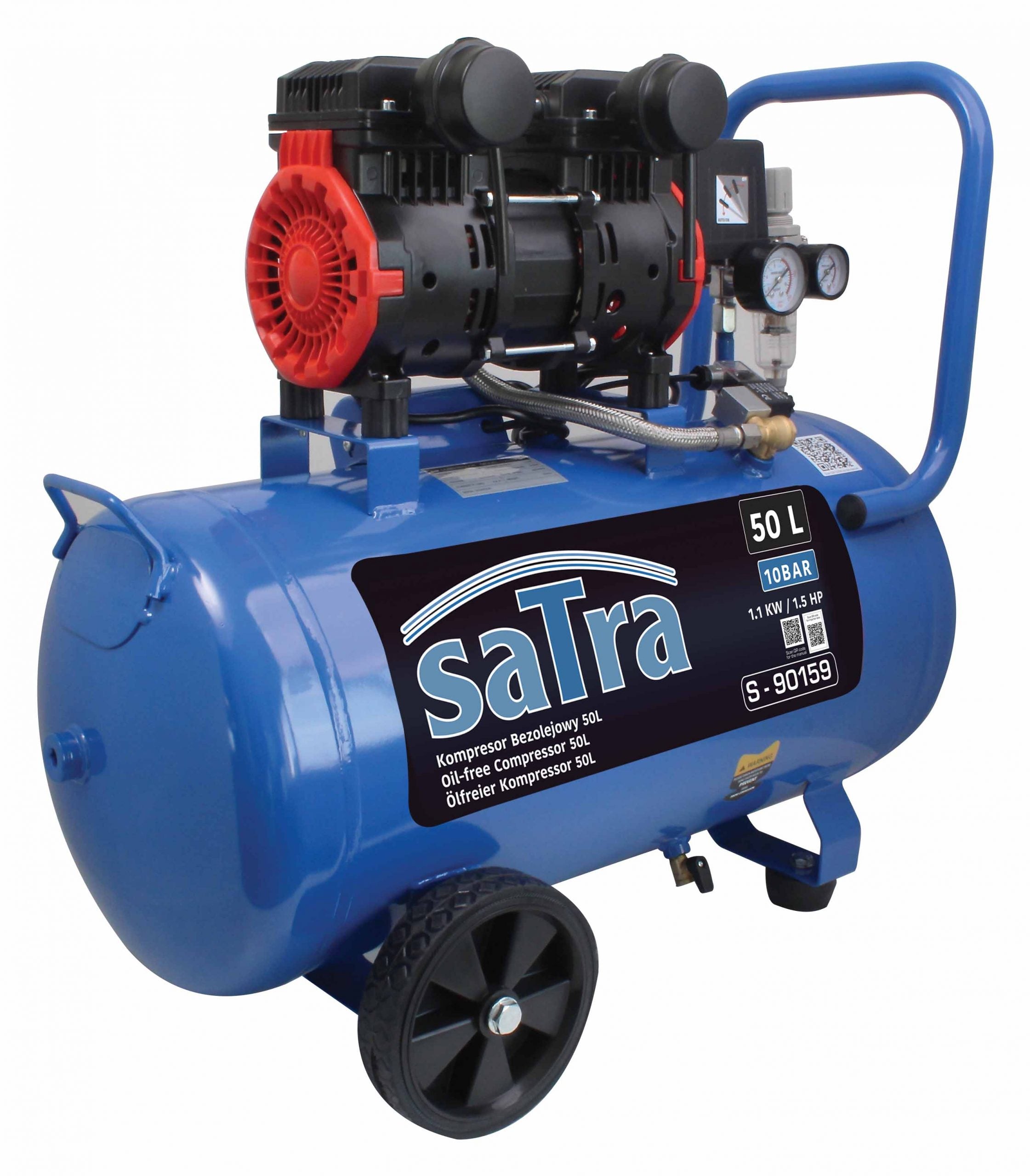 Безшумен компресор, нисък шум и без масло 50 л 1100W 10 BAR 1.1 kW/1.5 CP SATRA