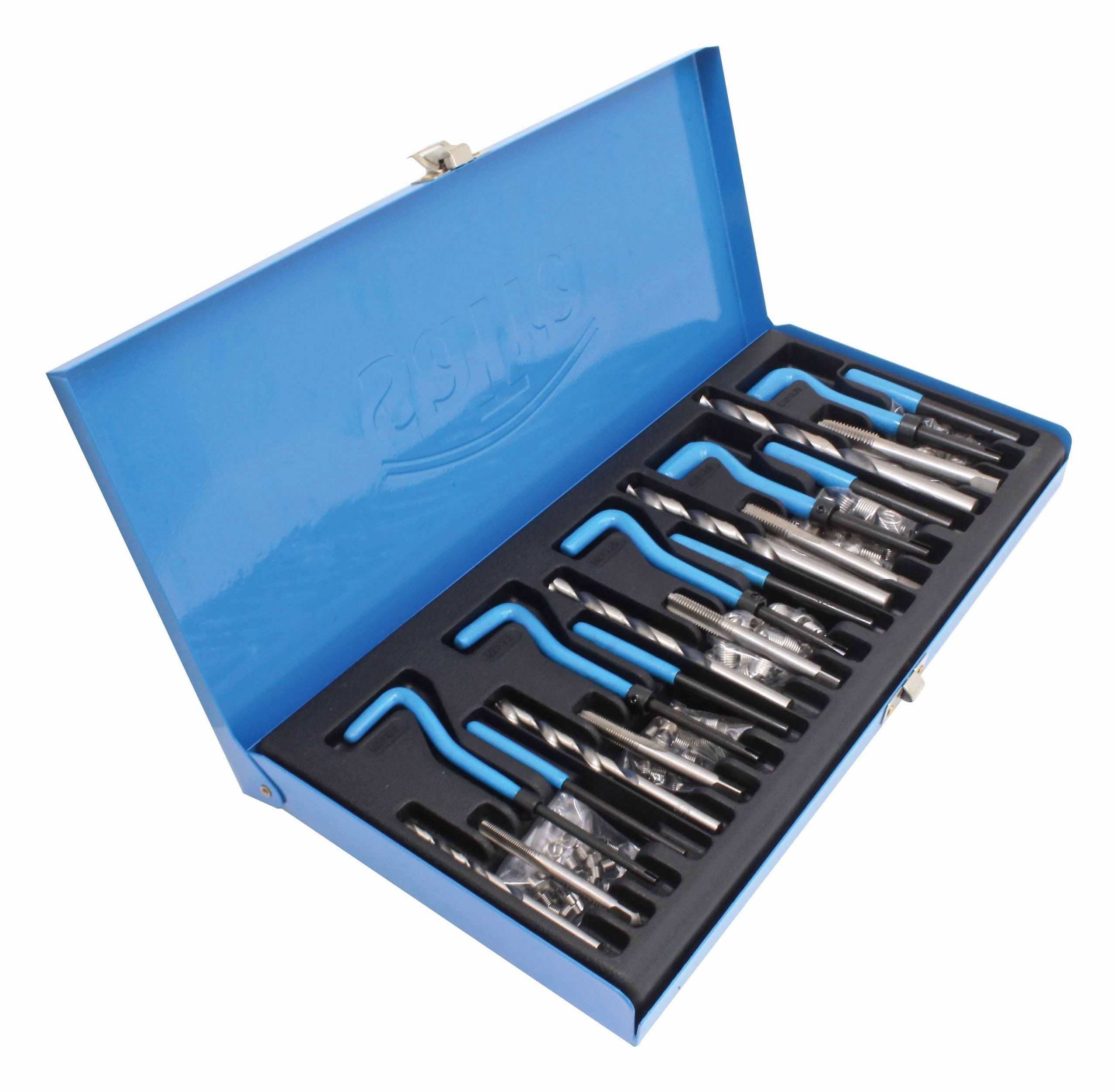 Комплект 131 части за ремонт на резби M5-M12 с вложки от неръждаема стомана, HSS свредла и метчици