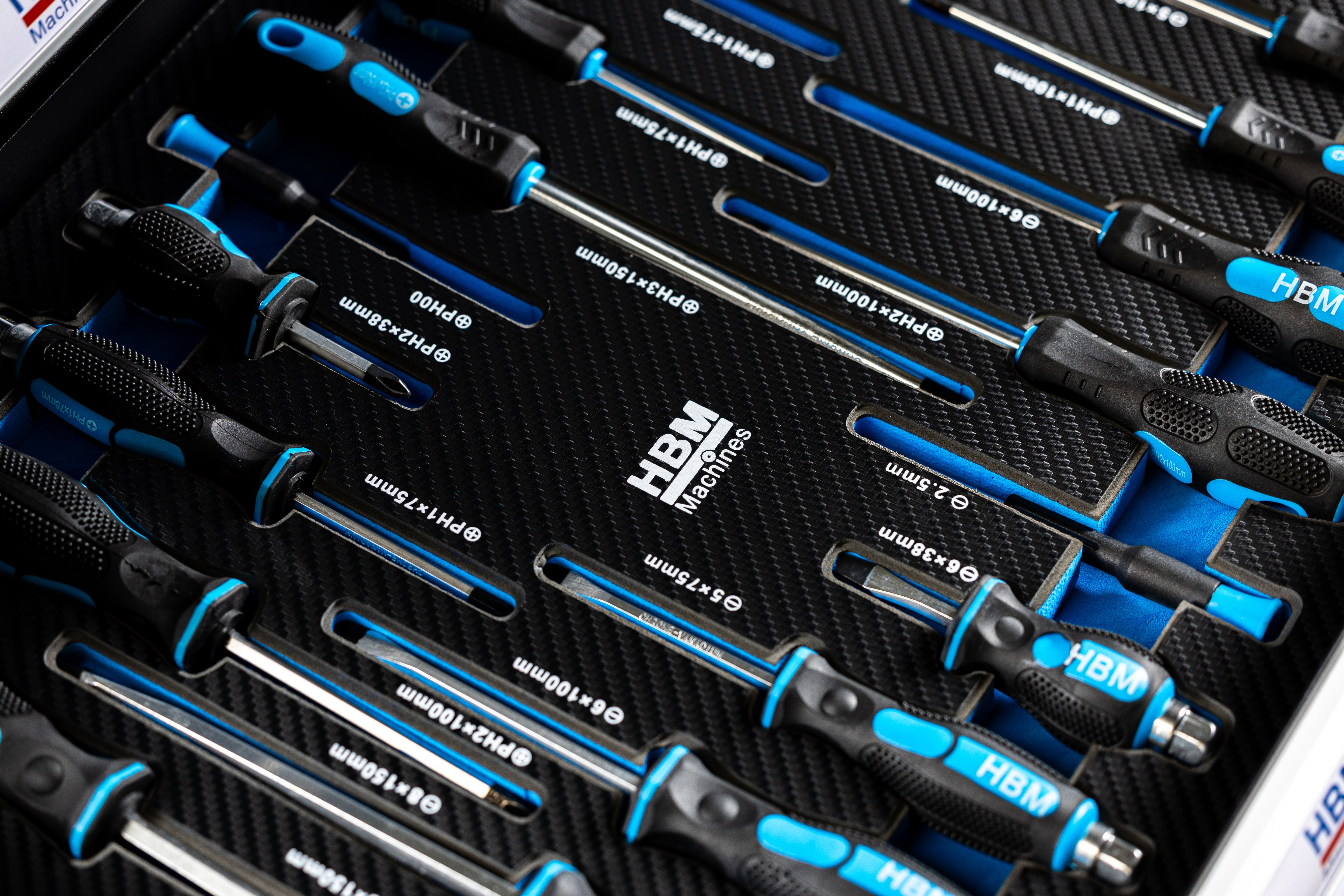Професионален шкаф с инструменти HBM със 7 чекмеджета, 245 броя, 6 модула карбон - Холандия, Premium