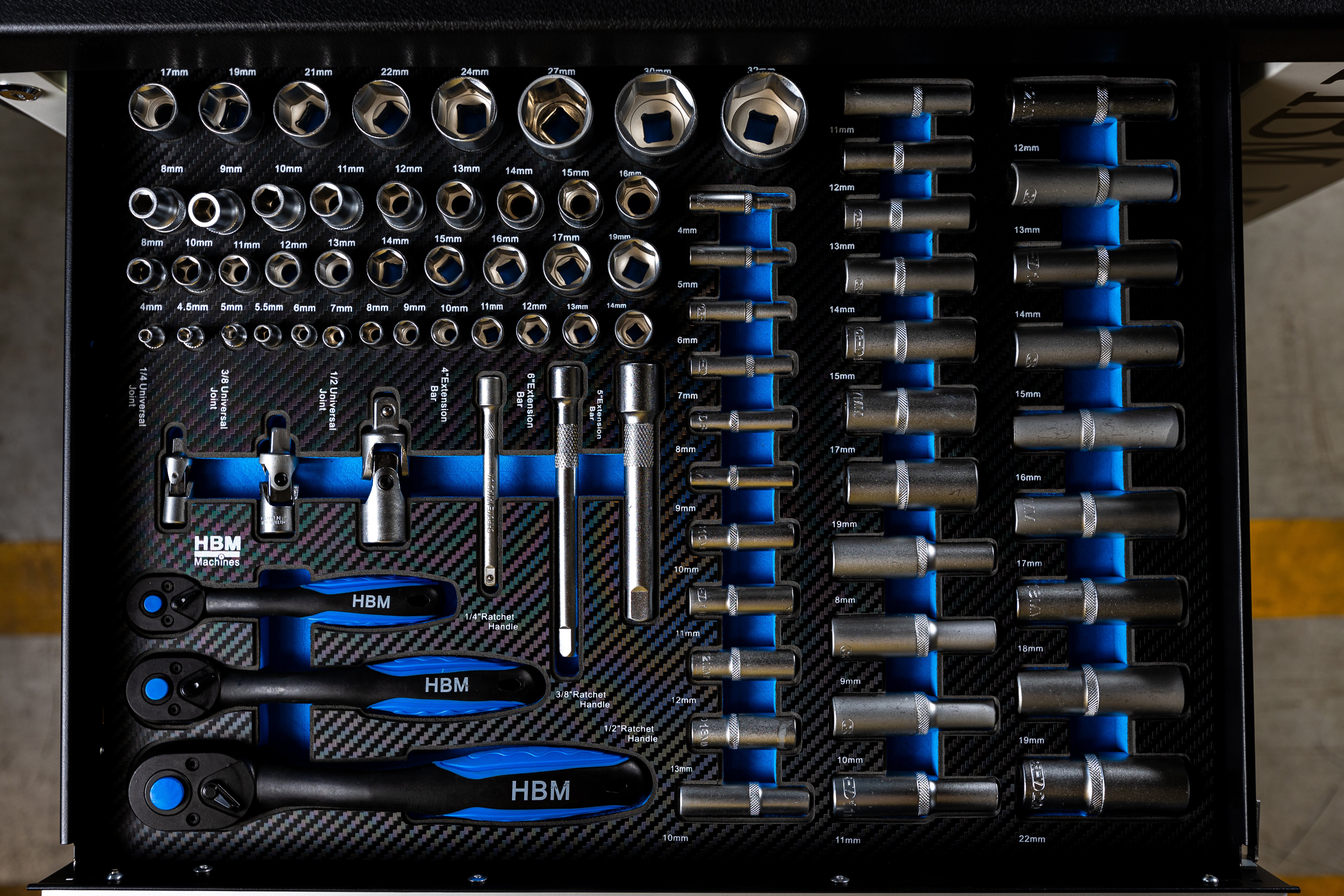 Професионален шкаф с инструменти HBM със 7 чекмеджета, 245 броя, 6 модула карбон - Холандия, Premium