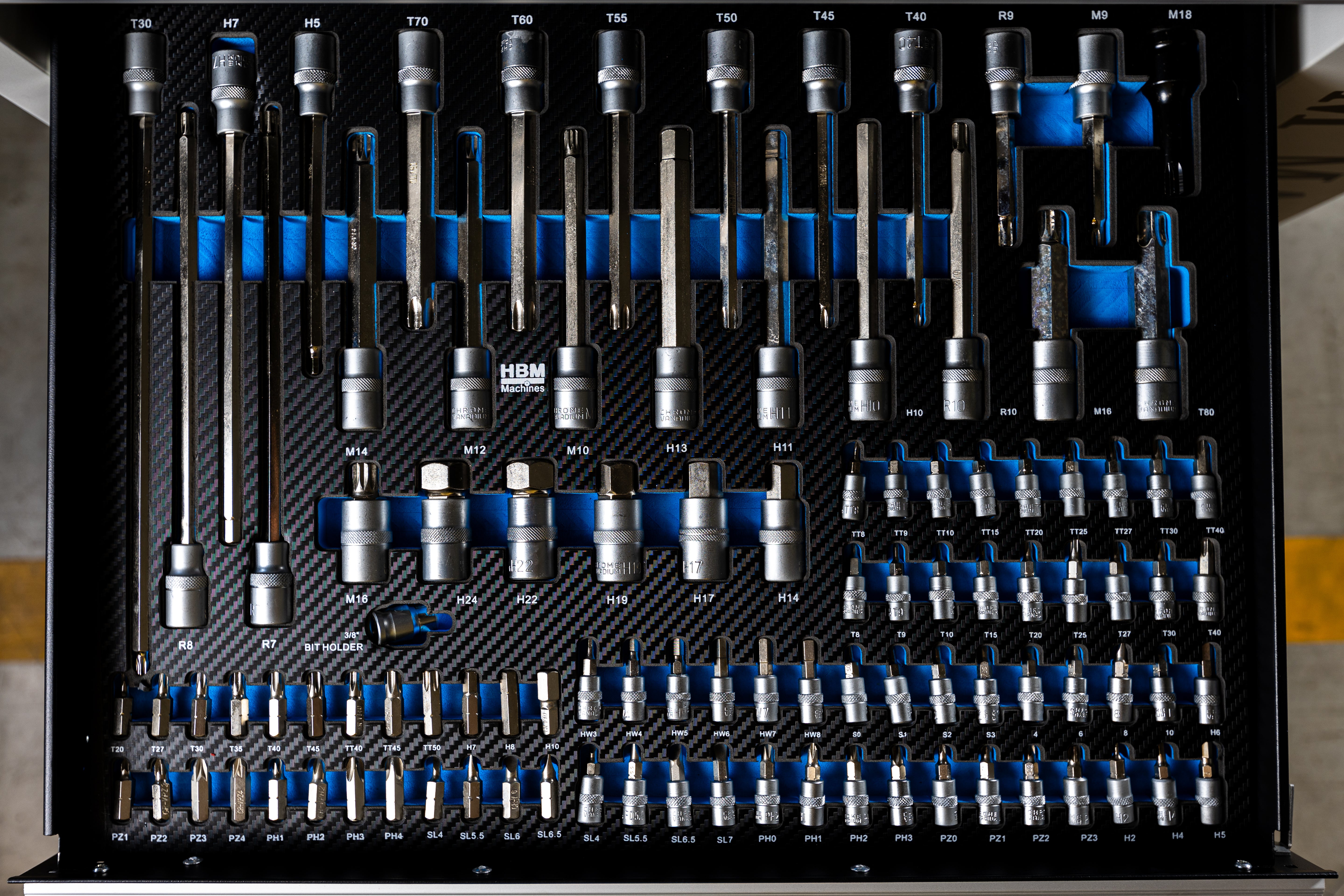 Професионален шкаф с инструменти HBM със 7 чекмеджета, 245 броя, 6 модула карбон - Холандия, Premium