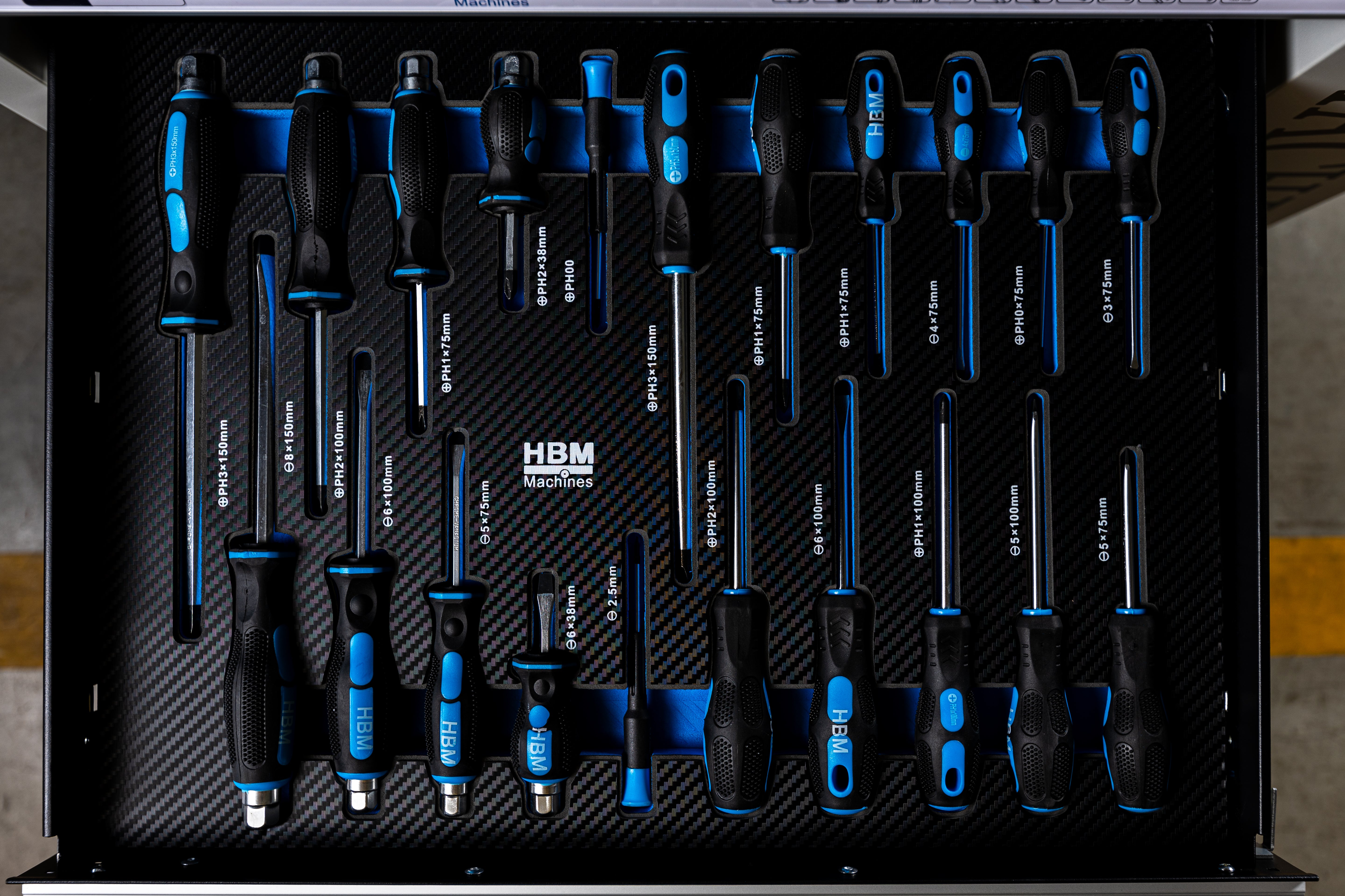 Професионален шкаф с инструменти HBM със 7 чекмеджета, 245 броя, 6 модула карбон - Холандия, Premium