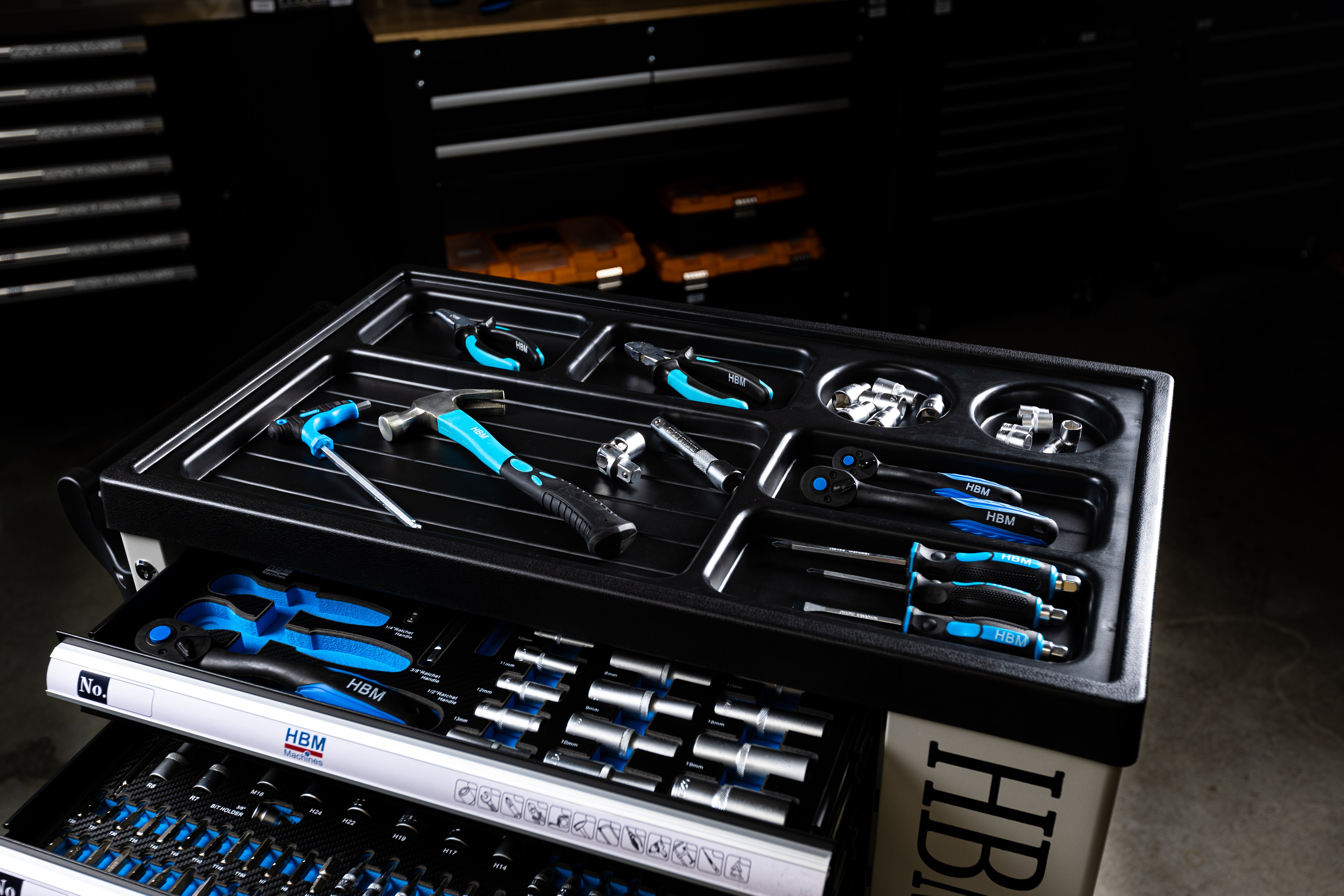 Професионален шкаф с инструменти HBM със 7 чекмеджета, 245 броя, 6 модула карбон - Холандия, Premium