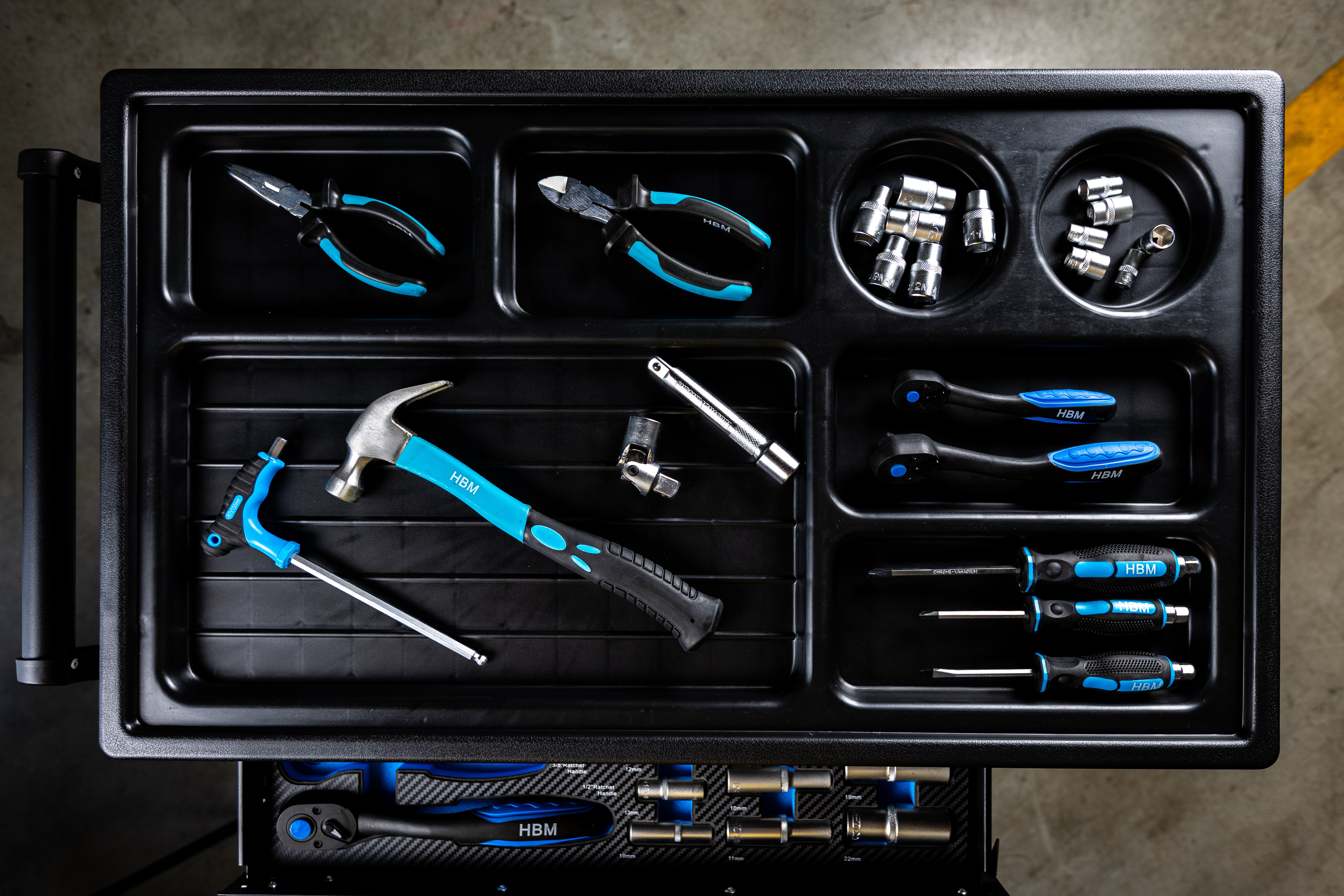 Професионален шкаф с инструменти HBM със 7 чекмеджета, 245 броя, 6 модула карбон - Холандия, Premium