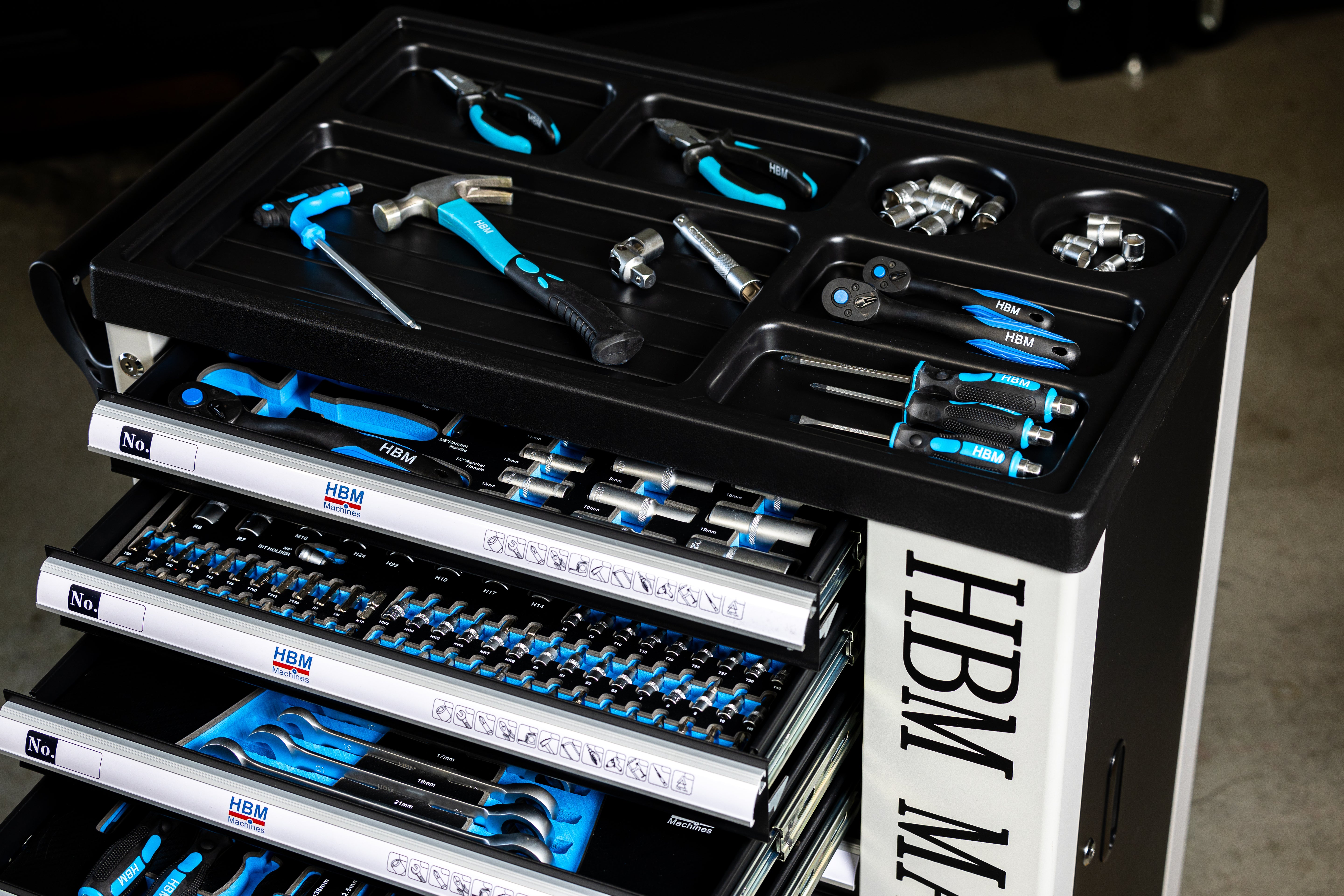 Професионален шкаф с инструменти HBM със 7 чекмеджета, 245 броя, 6 модула карбон - Холандия, Premium