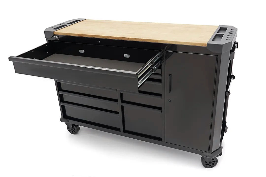 Професионален метален шкаф с 10 чекмеджета, мобилна количка, работна маса 147 см, плот от масивна дървесина HBM Холандия