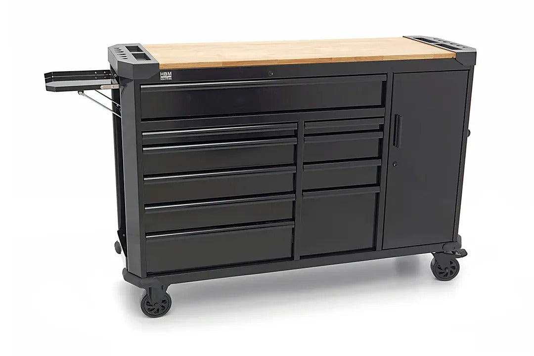 Професионален метален шкаф с 10 чекмеджета, мобилна количка, работна маса 147 см, плот от масивна дървесина HBM Холандия