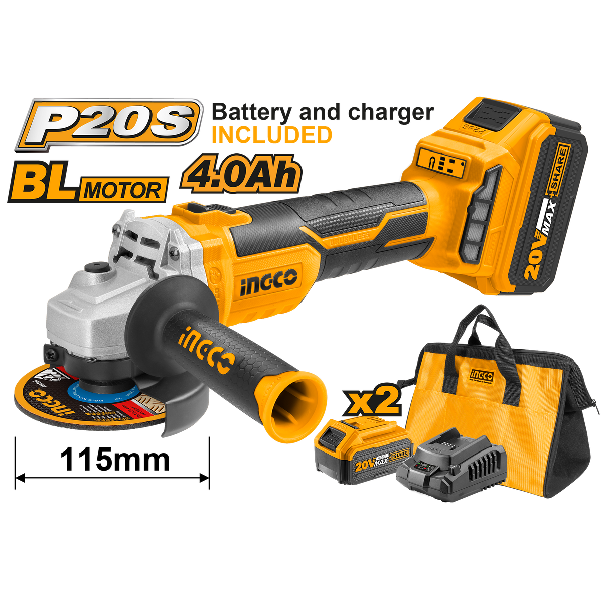 Ъглошлайф с двигател без четки 115 мм със зарядно и 2 батерии 4AH 20V INGCO