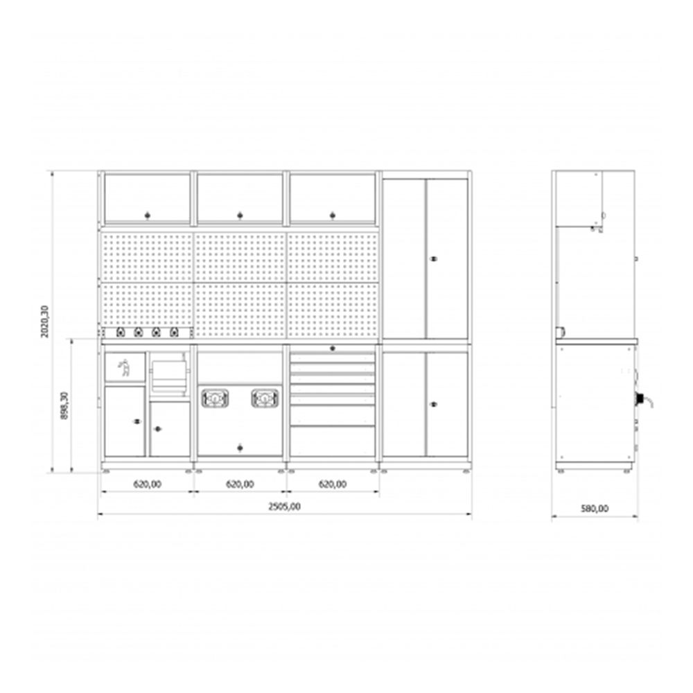 Работен плот - комплект модулни метални мебели за сервиз 2.48 м, модел D