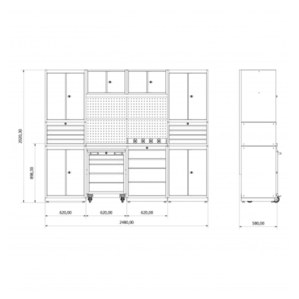 Работен плот - комплект модулни метални мебели за сервиз 2.48 м, модел F