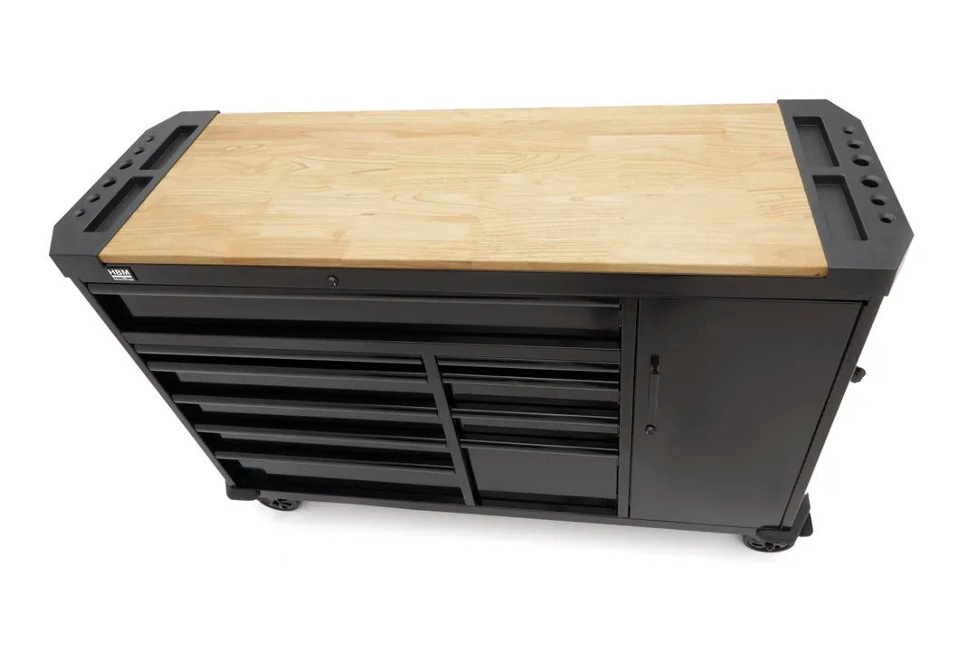 Професионален метален шкаф с 10 чекмеджета, мобилна количка, работна маса 147 см, плот от масивна дървесина HBM Холандия
