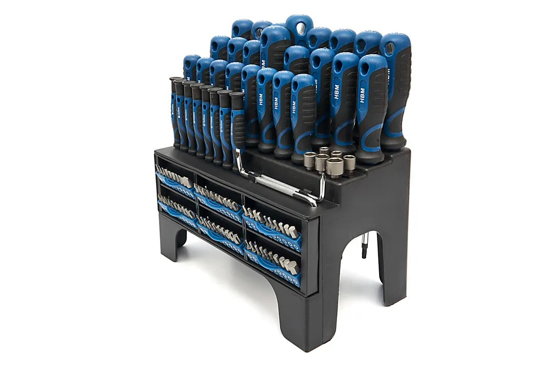 Комплект 100 части: отвертки, битове, вложки, стойка Rack, стомана CRV, дръжка Soft Grip, HBM Холандия