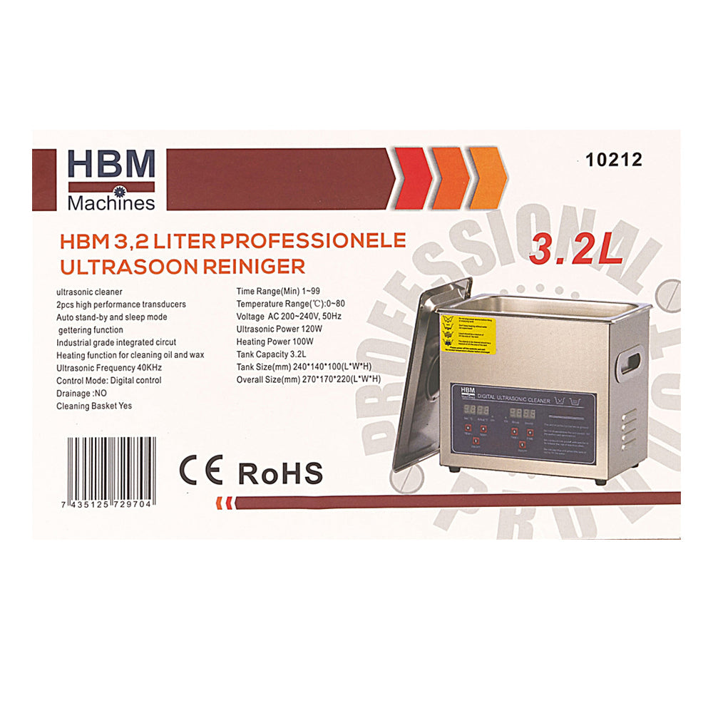 Апарат за почистване с ултразвуци 3 л, неръждаема стомана, цифров таймер, HBM Machines