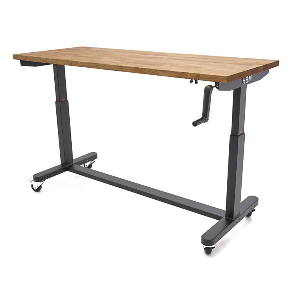 Работна маса с масивен дървен плот, регулируема височина 152 см