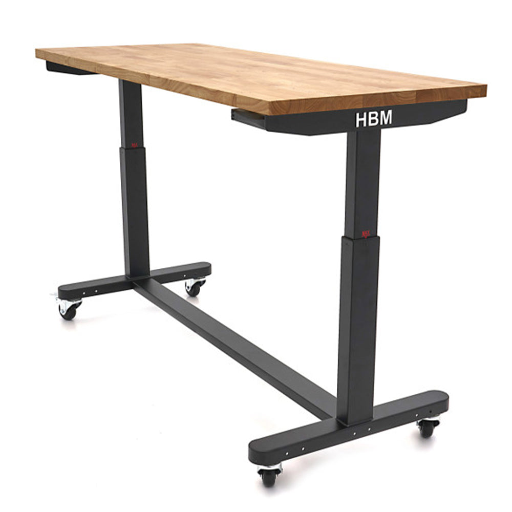 Работна маса с масивен дървен плот, регулируема височина 152 см