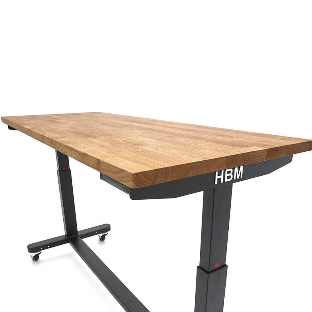 Работна маса с масивен дървен плот, регулируема височина 152 см