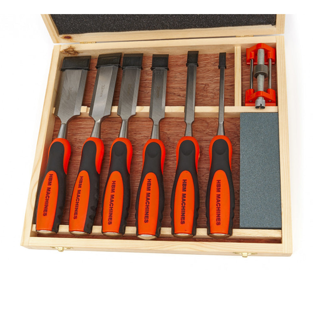 Комплект 8 професионални длета с камък за заточване и аксесоари за заточване