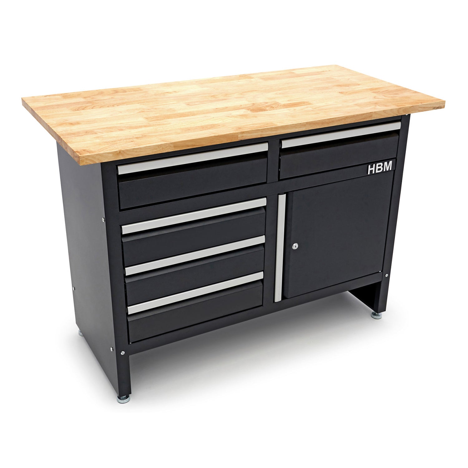 Метална работна маса 120 см с 5 чекмеджета 1 врата и плот от масивно дърво HBM