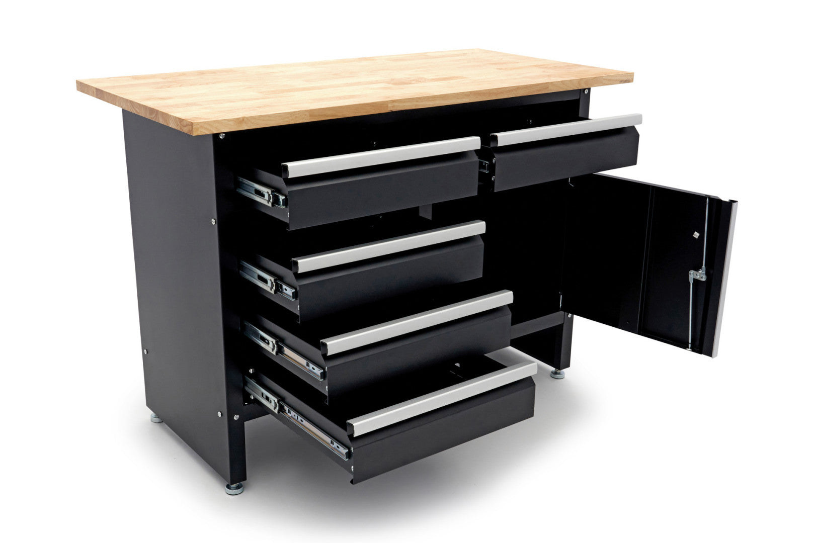 Метална работна маса 120 см с 5 чекмеджета 1 врата и плот от масивно дърво HBM