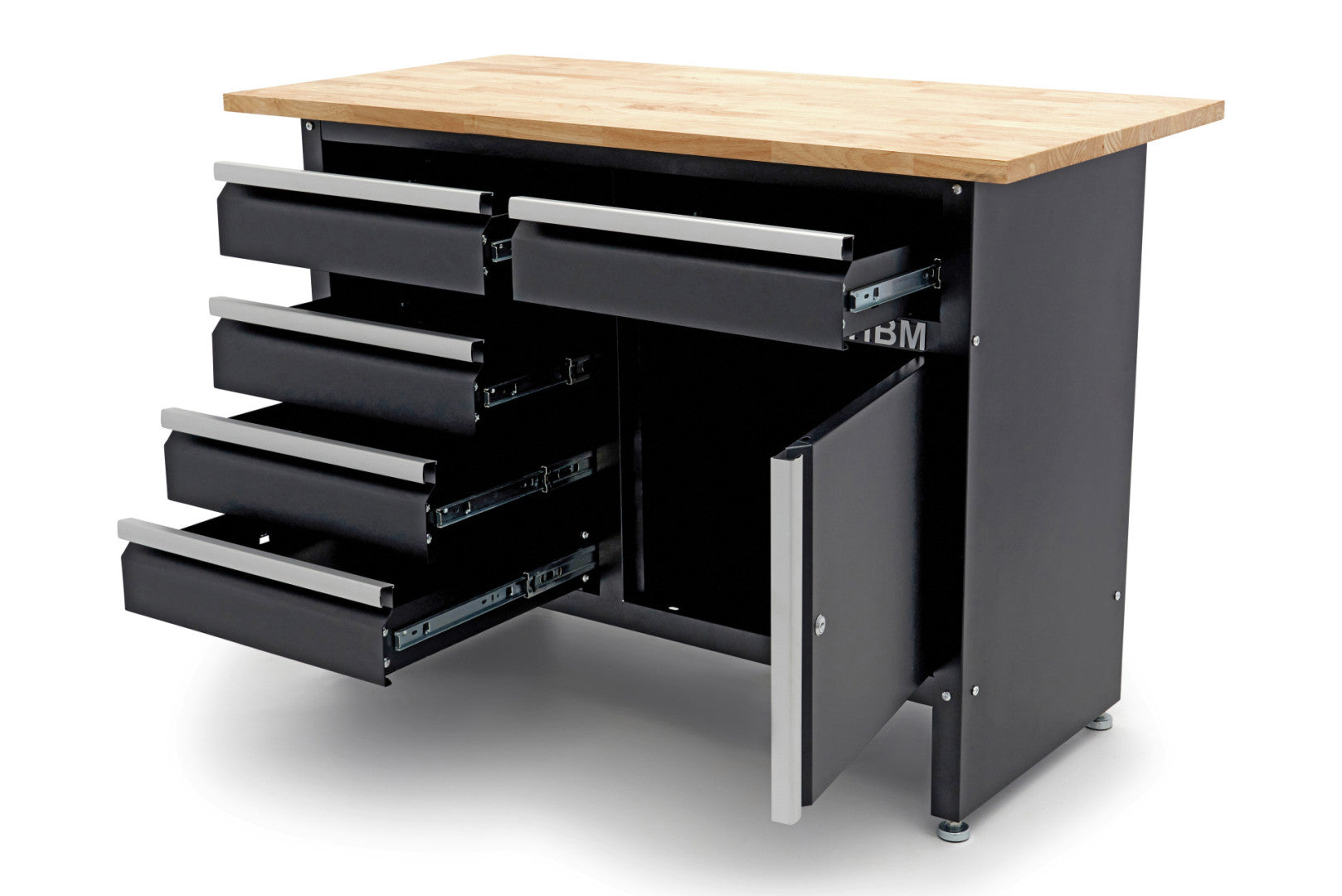 Метална работна маса 120 см с 5 чекмеджета 1 врата и плот от масивно дърво HBM