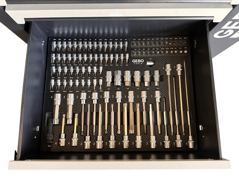 Професионален шкаф с инструменти с 7 чекмеджета, 7 карбонови модула и 262 части GEBO TOOLS