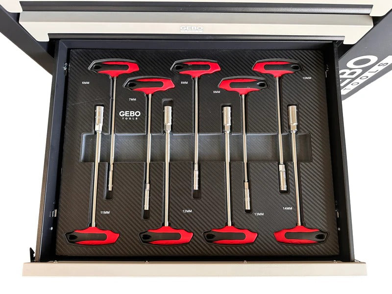 Професионален шкаф с инструменти с 7 чекмеджета, 7 карбонови модула и 262 части GEBO TOOLS