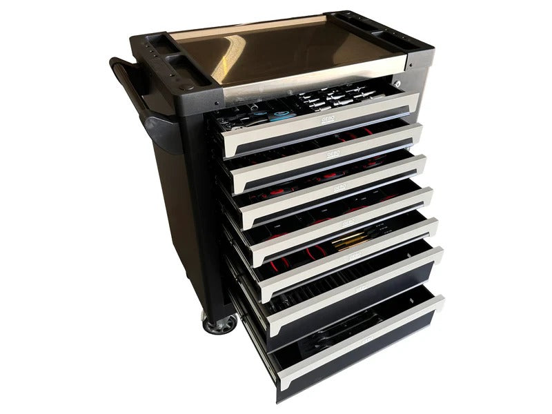 Професионален шкаф с инструменти с 7 чекмеджета, 7 карбонови модула и 262 части GEBO TOOLS