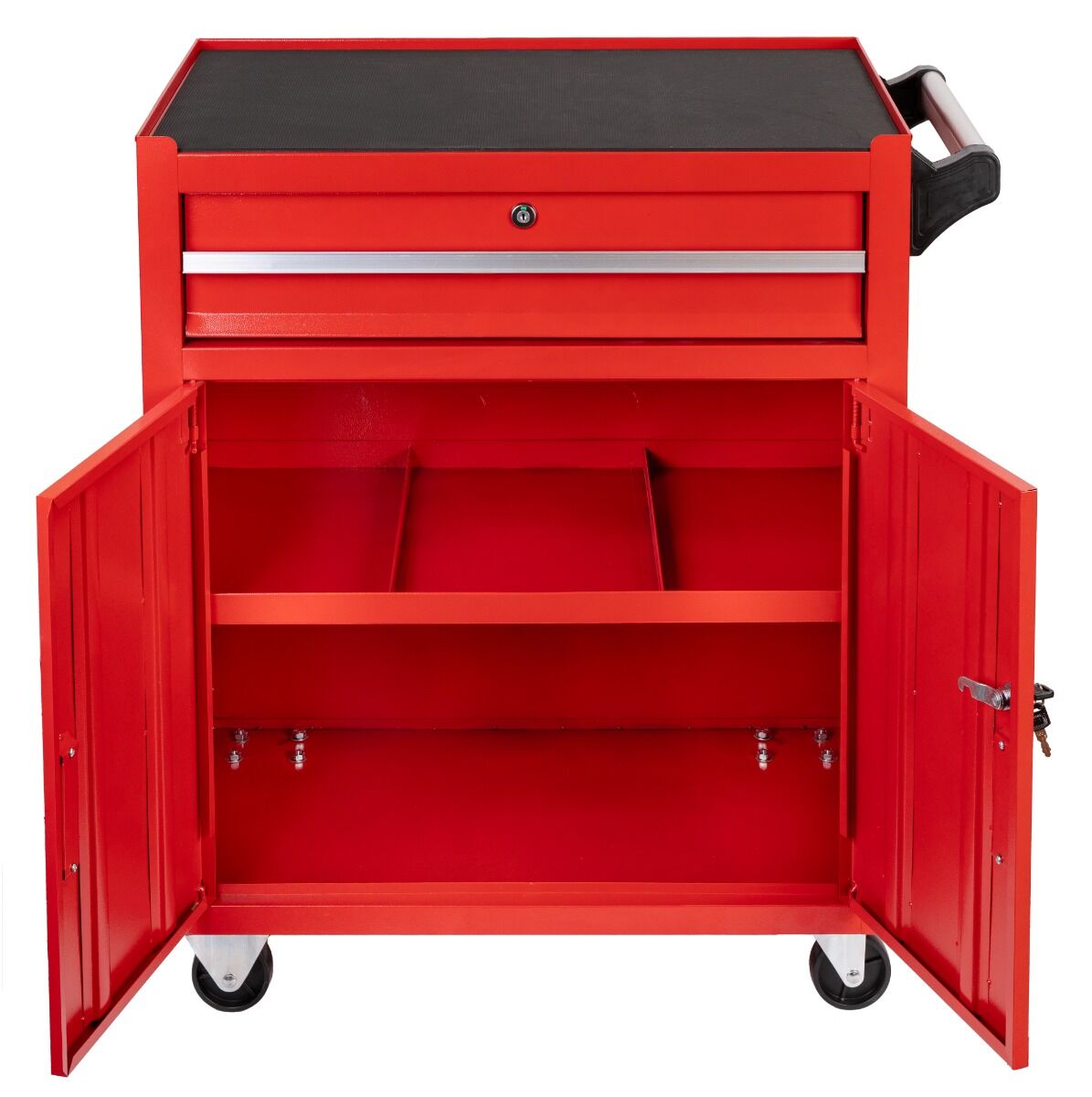 Метален шкаф за инструменти, необорудван, червен, колелца и дръжка - Premium, 73 х 63 х 40 см INVENTO