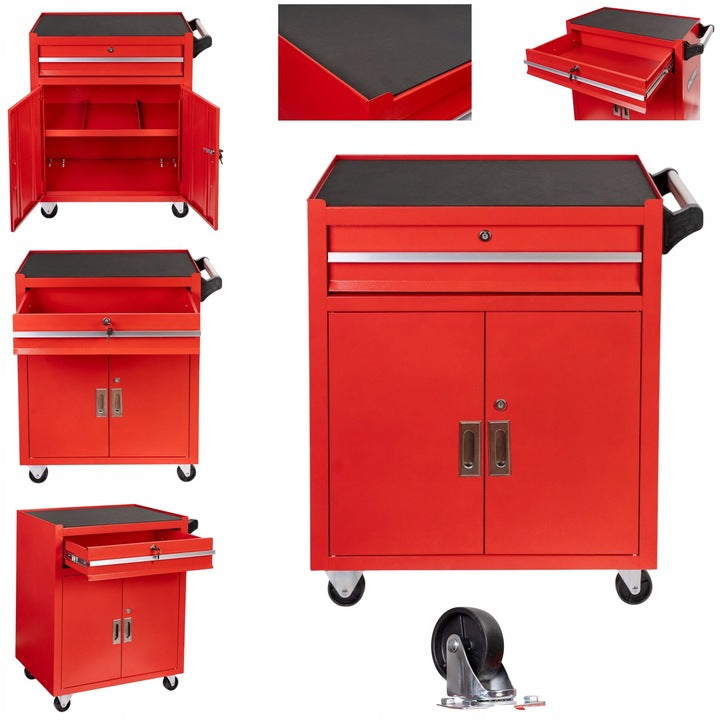 Метален шкаф за инструменти, необорудван, червен, колелца и дръжка - Premium, 73 х 63 х 40 см INVENTO