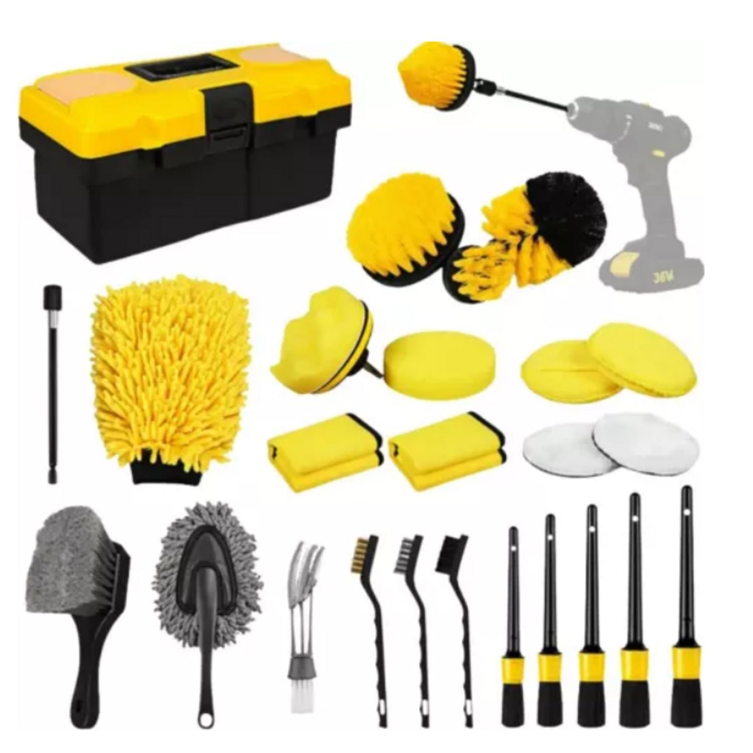 Професионален комплект за детайлно почистване на автомобили – 27 части, четки, гъби, кърпи – RESSER