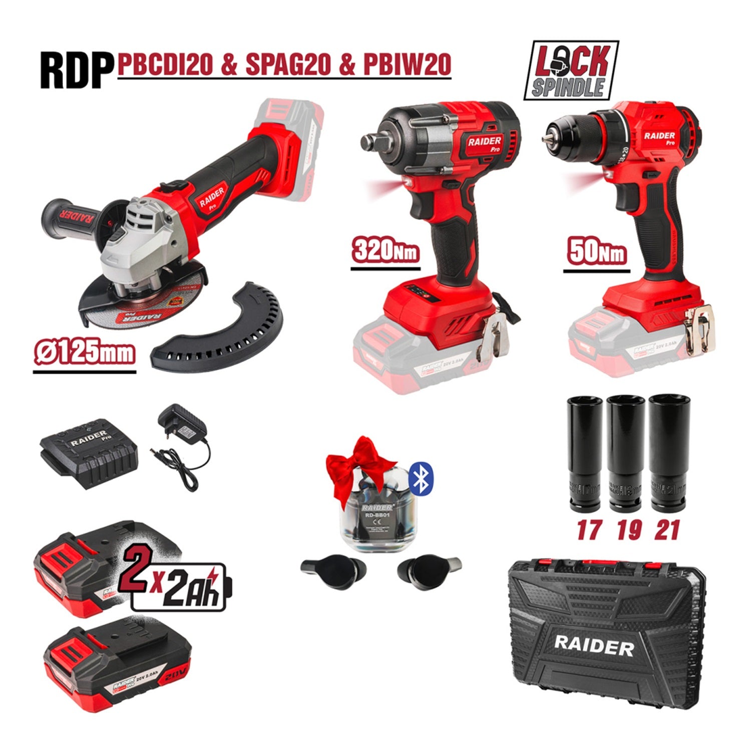Комплект бормашина и винтоверт 50 nm, гайковерт 1/2 320 nm, ъглошлайф 125 мм с батерия 2 x 2ah RAIDER PRO